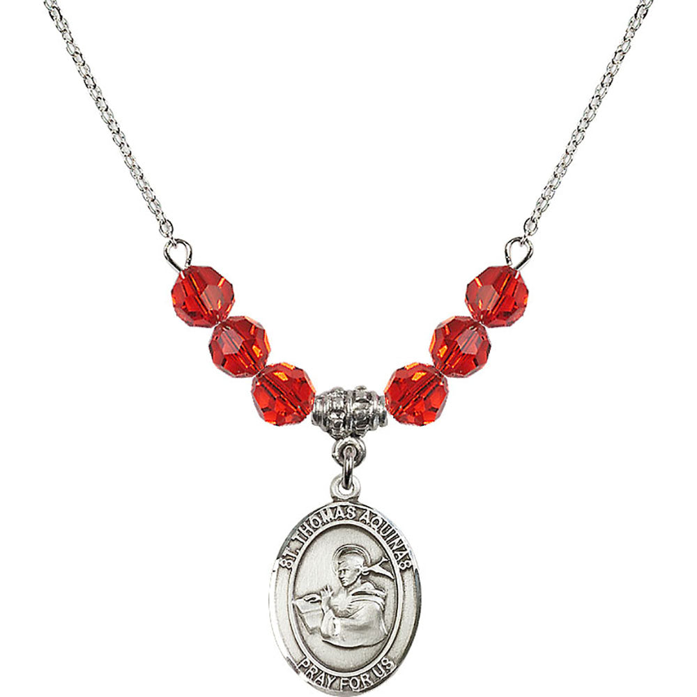 Sterling Silver Saint Thomas Aquinas Birthstone Necklace with Ruby Beads - 8108