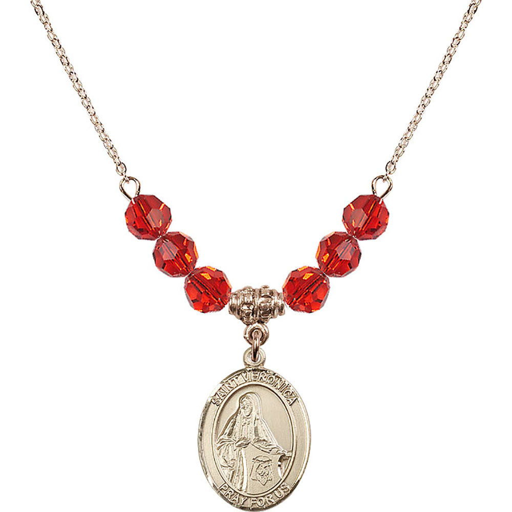 14kt Gold Filled Saint Veronica Birthstone Necklace with Ruby Beads - 8110