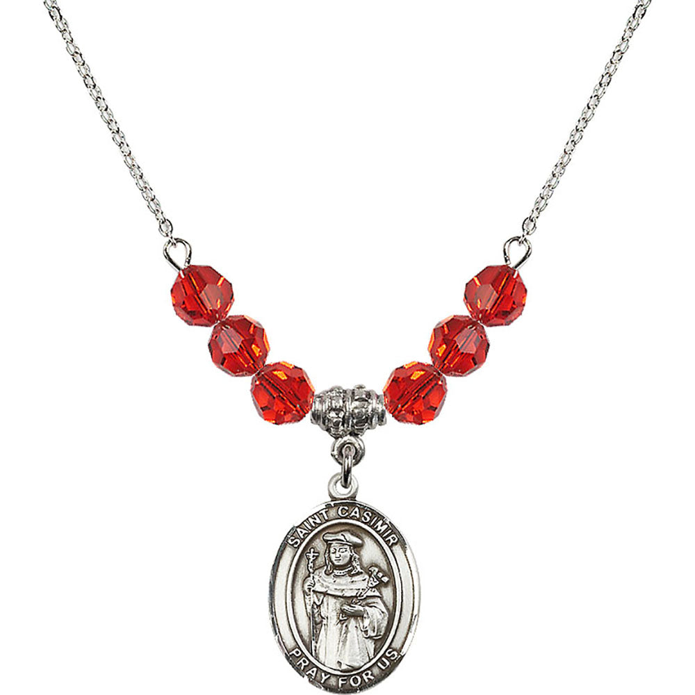 Sterling Silver Saint Casimir of Poland Birthstone Necklace with Ruby Beads - 8113