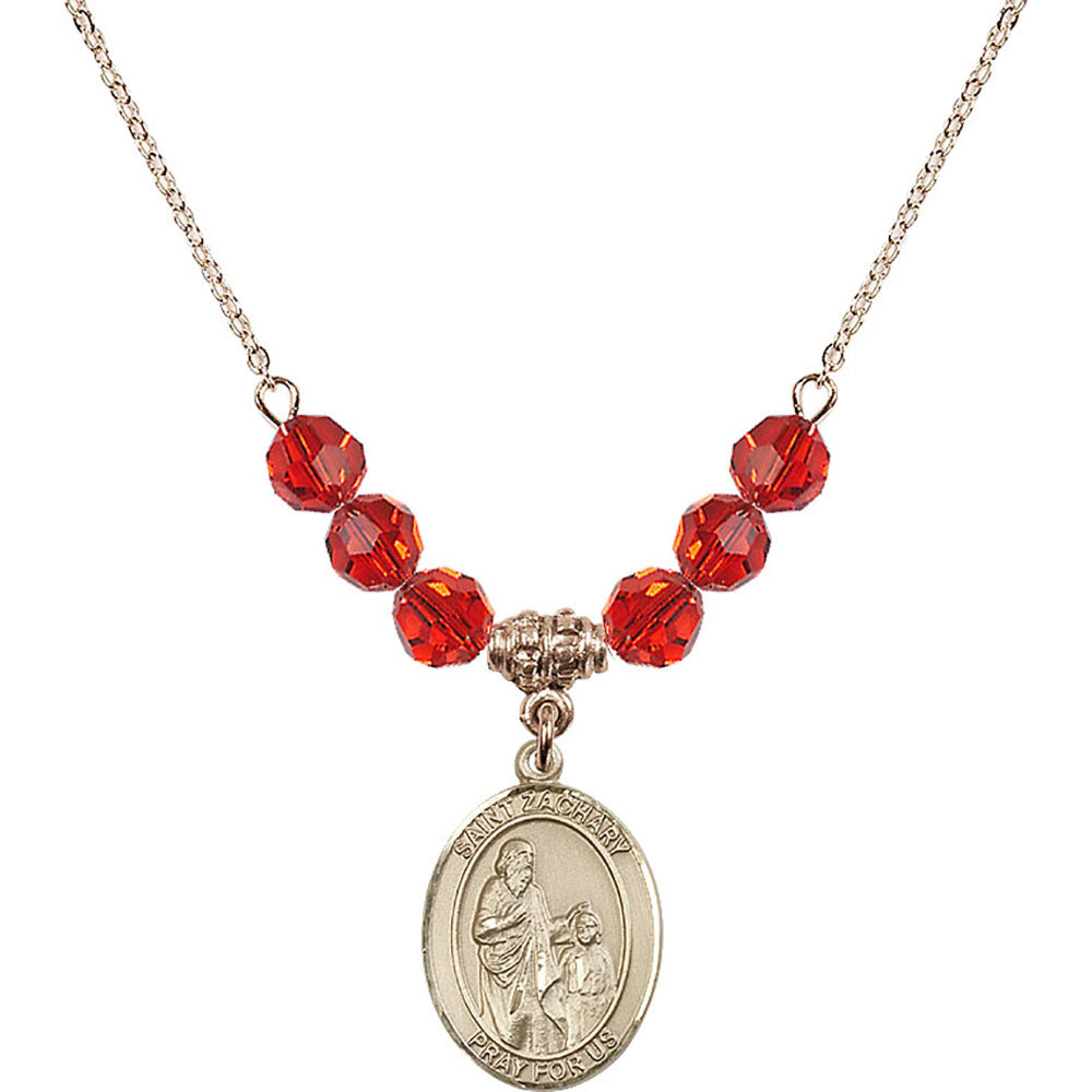 14kt Gold Filled Saint Zachary Birthstone Necklace with Ruby Beads - 8116