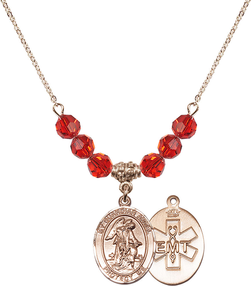 14kt Gold Filled Guardian Angel / EMT Birthstone Necklace with Ruby Beads - 8118