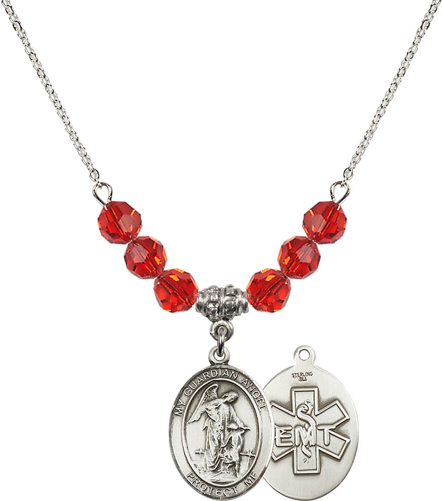 Sterling Silver Guardian Angel / EMT Birthstone Necklace with Ruby Beads - 8118