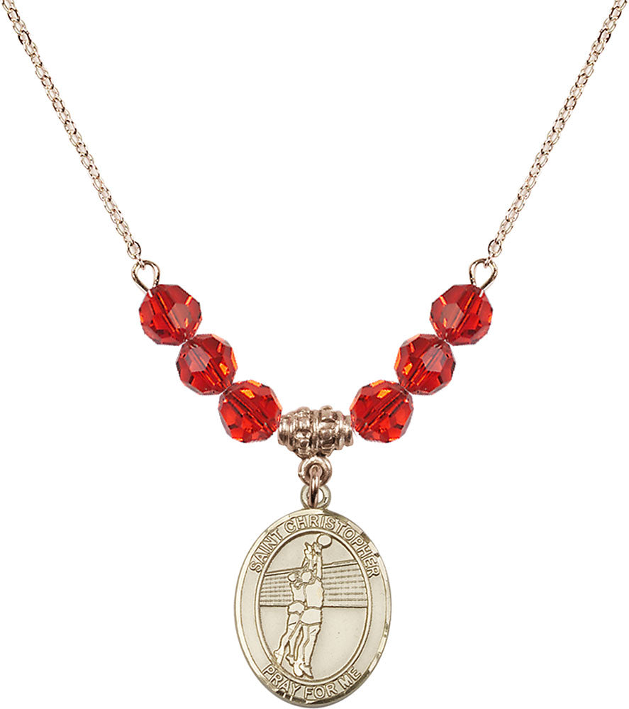 14kt Gold Filled Saint Christopher/Volleyball Birthstone Necklace with Ruby Beads - 8138