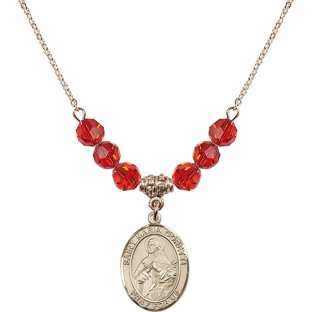 14kt Gold Filled Saint Maria Goretti Birthstone Necklace with Ruby Beads - 8208