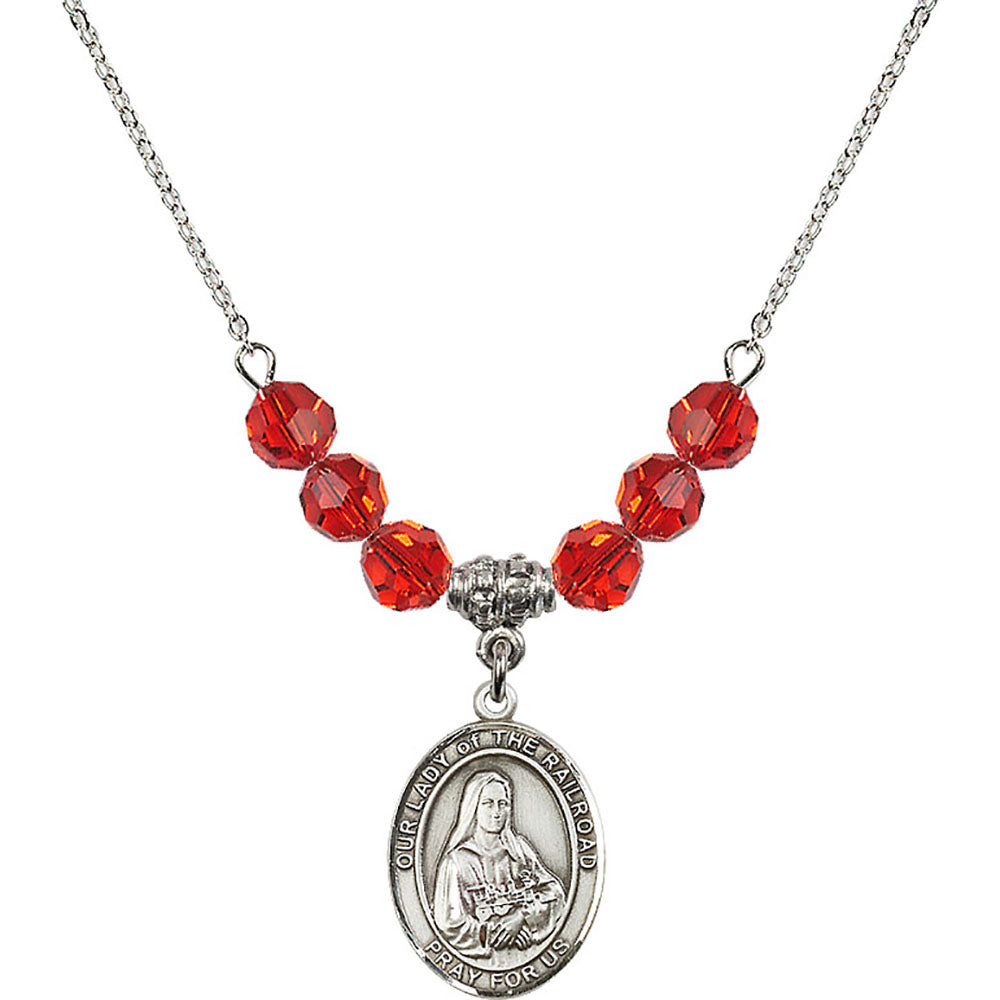 Sterling Silver Our Lady of the Railroad Birthstone Necklace with Ruby Beads - 8247