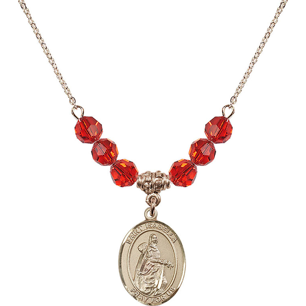 14kt Gold Filled Saint Isabella of Portugal Birthstone Necklace with Ruby Beads - 8250