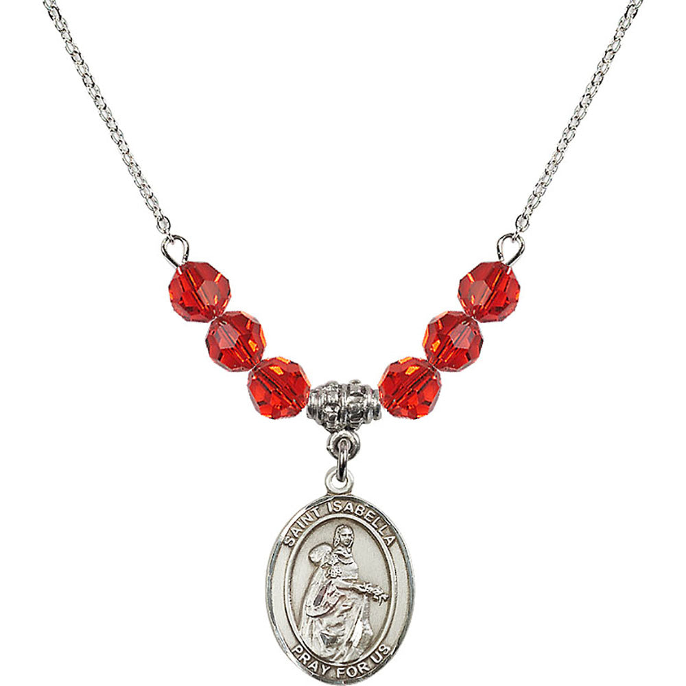 Sterling Silver Saint Isabella of Portugal Birthstone Necklace with Ruby Beads - 8250