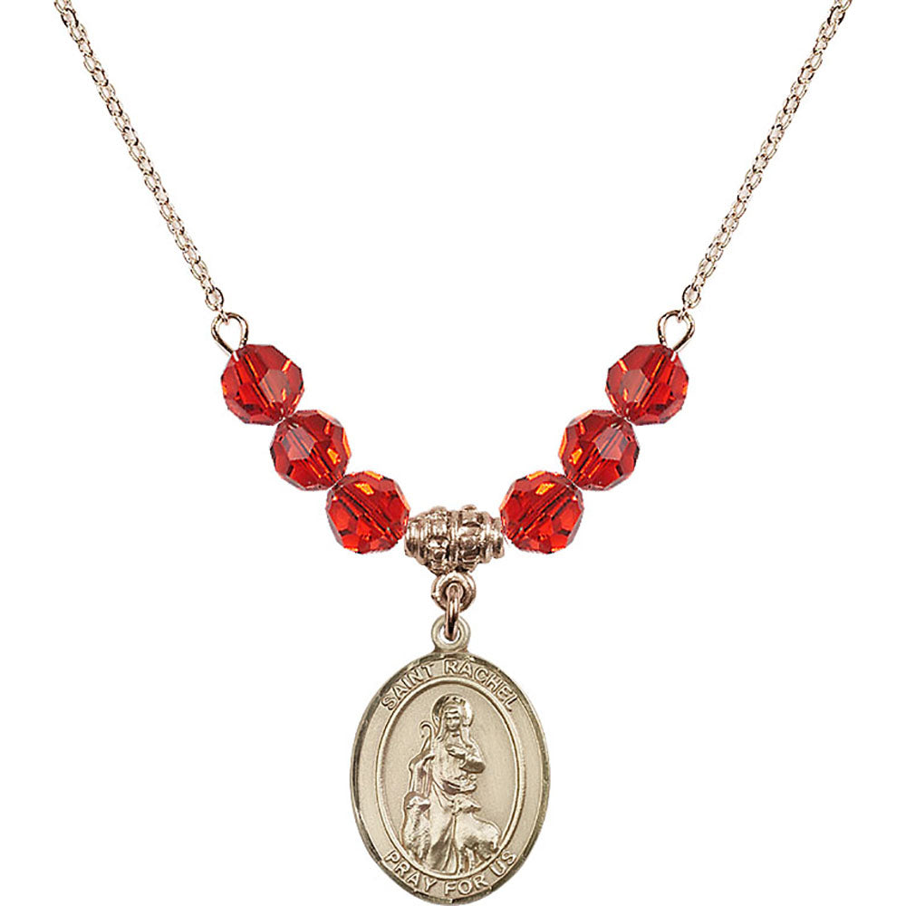14kt Gold Filled Saint Rachel Birthstone Necklace with Ruby Beads - 8251