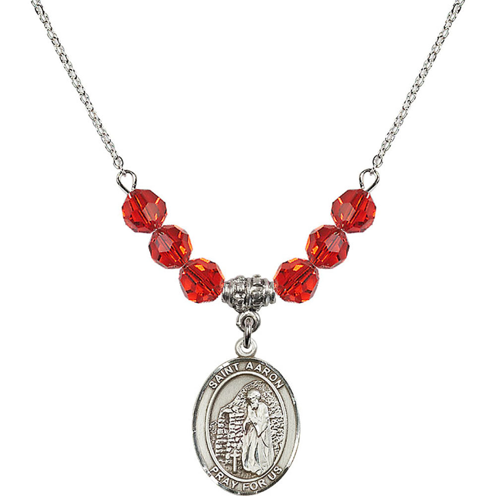 Sterling Silver Saint Aaron Birthstone Necklace with Ruby Beads - 8254