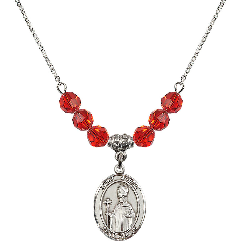 Sterling Silver Saint Austin Birthstone Necklace with Ruby Beads - 8256