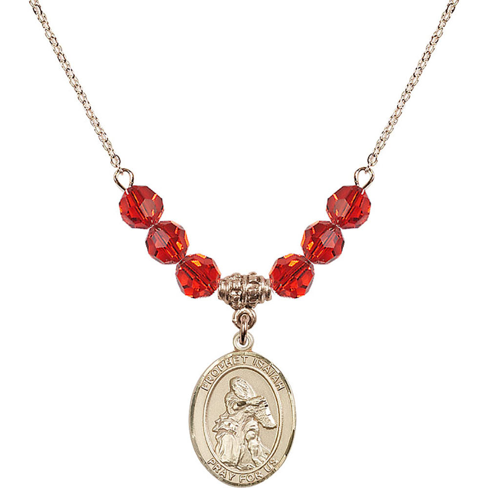 14kt Gold Filled Saint Isaiah Birthstone Necklace with Ruby Beads - 8258
