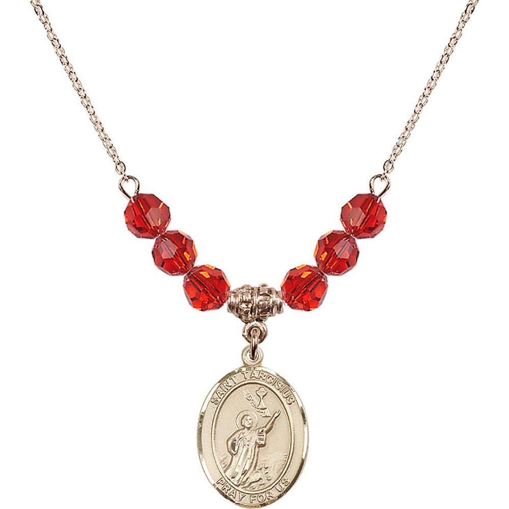 14kt Gold Filled Saint Tarcisius Birthstone Necklace with Ruby Beads - 8261
