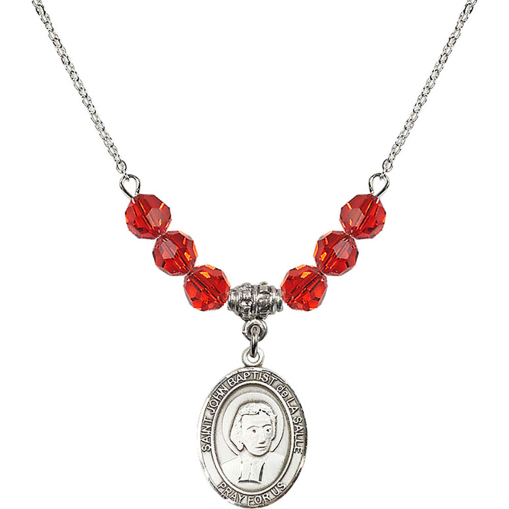 Sterling Silver Saint John Baptist de la Salle Birthstone Necklace with Ruby Beads - 8262