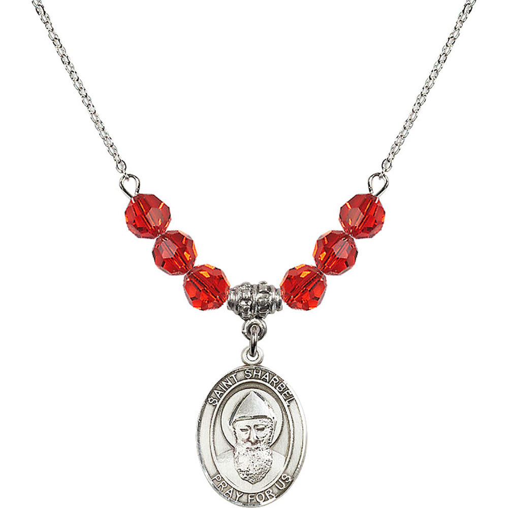 Sterling Silver Saint Sharbel Birthstone Necklace with Ruby Beads - 8271
