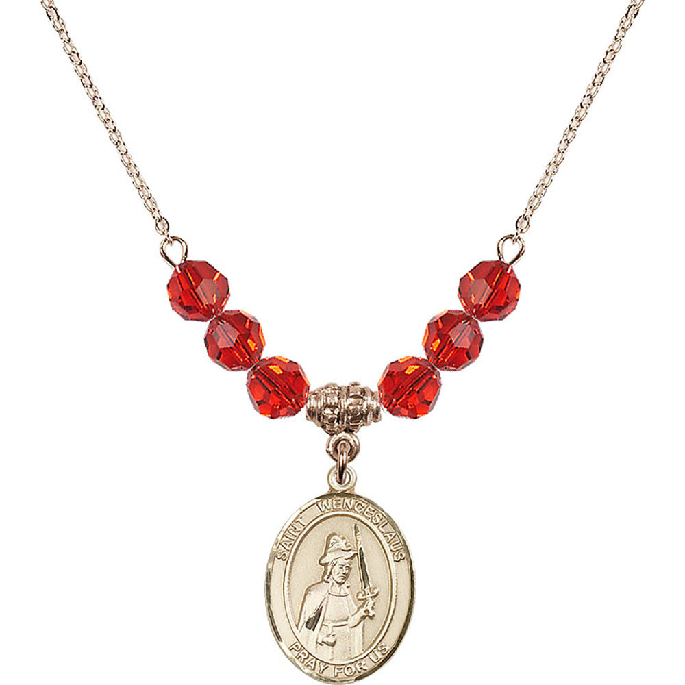 14kt Gold Filled Saint Wenceslaus Birthstone Necklace with Ruby Beads - 8273