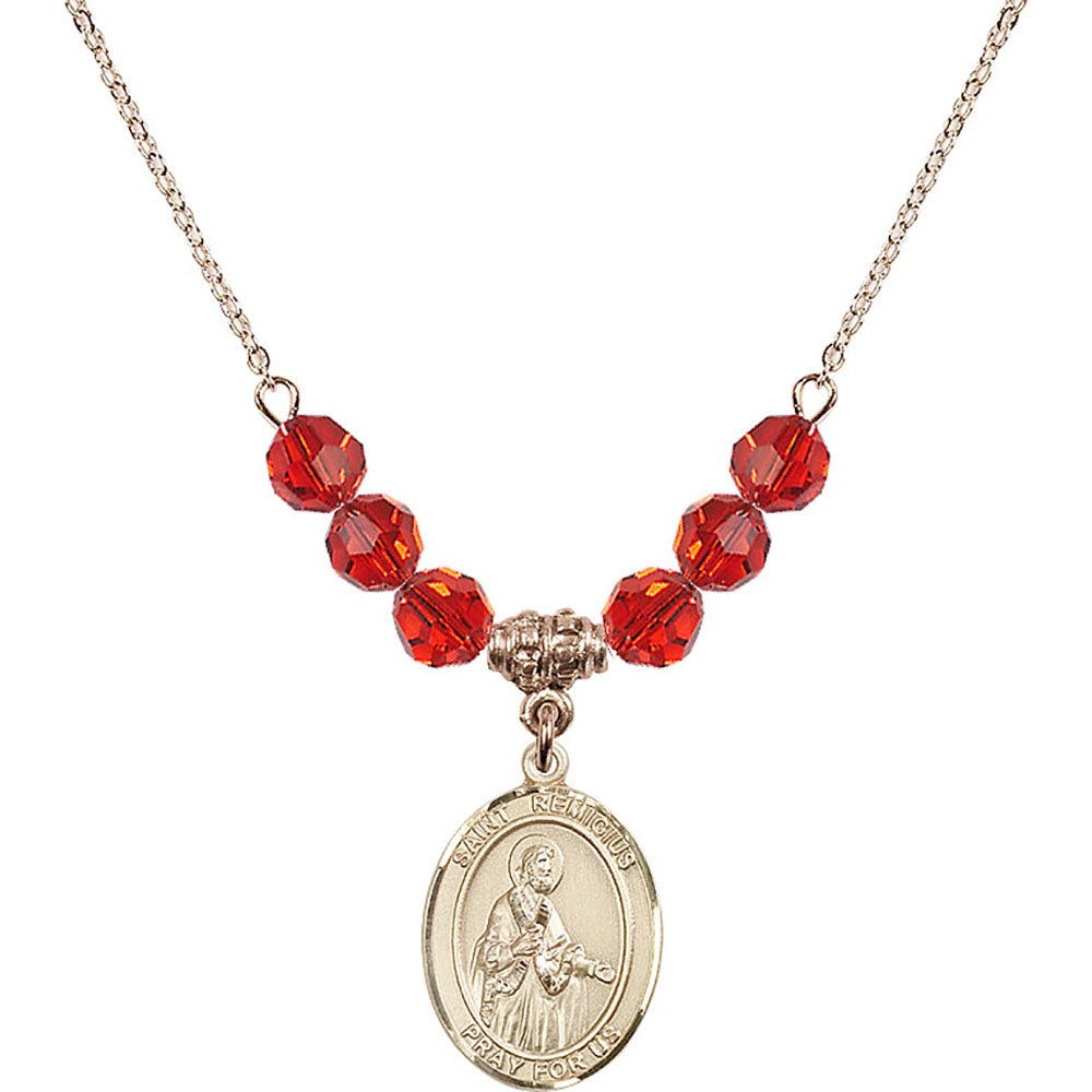 14kt Gold Filled Saint Remigius of Reims Birthstone Necklace with Ruby Beads - 8274