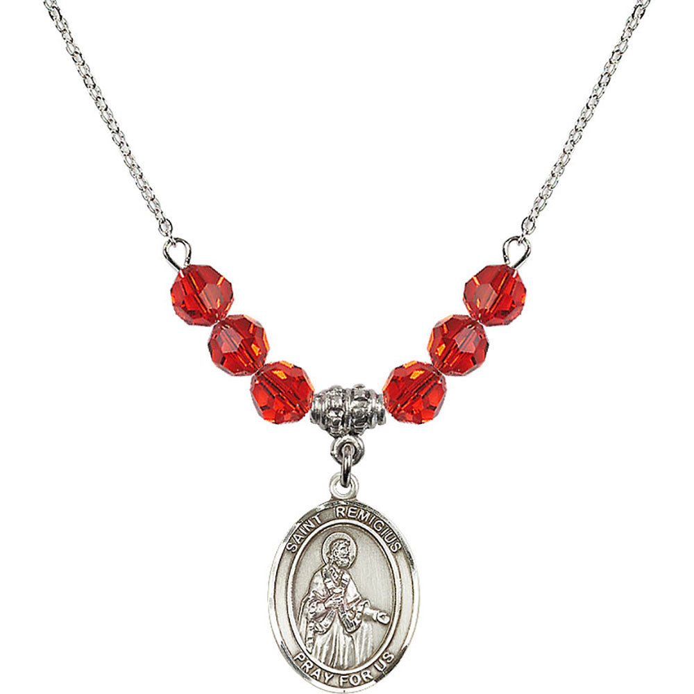 Sterling Silver Saint Remigius of Reims Birthstone Necklace with Ruby Beads - 8274