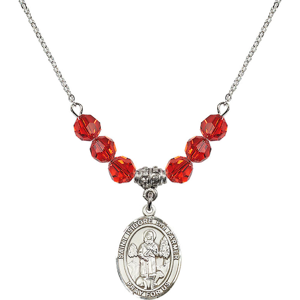 Sterling Silver Saint Isidore the Farmer Birthstone Necklace with Ruby Beads - 8276