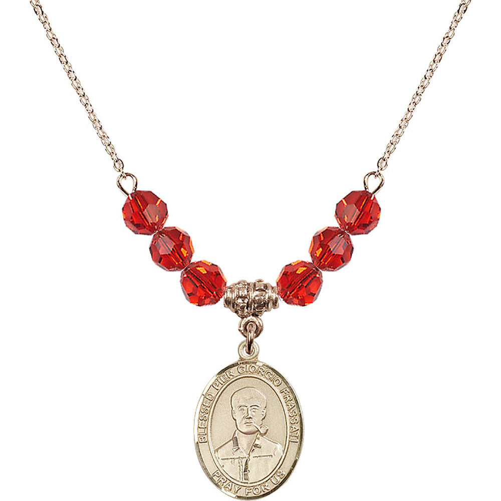 14kt Gold Filled Blessed Pier Giorgio Frassati Birthstone Necklace with Ruby Beads - 8278