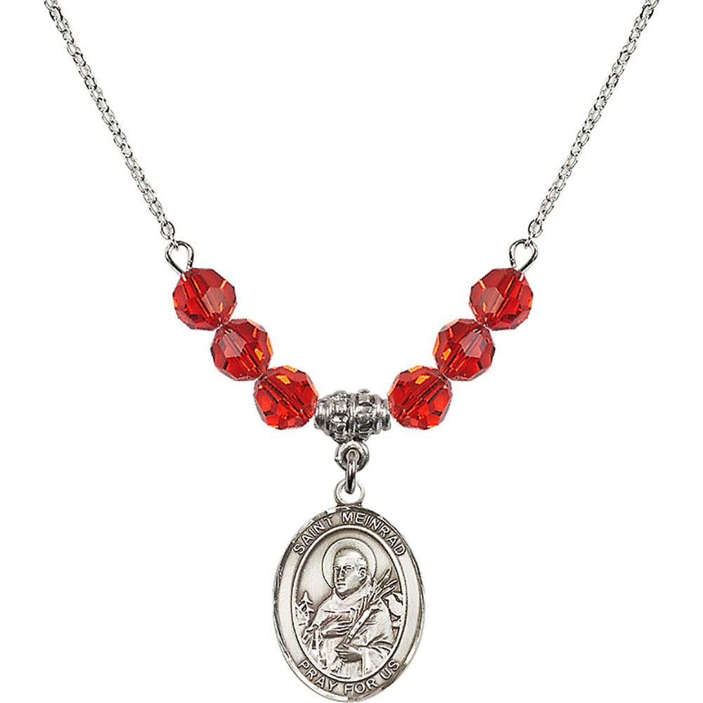 Sterling Silver Saint Meinrad of Einsiedeln Birthstone Necklace with Ruby Beads - 8307