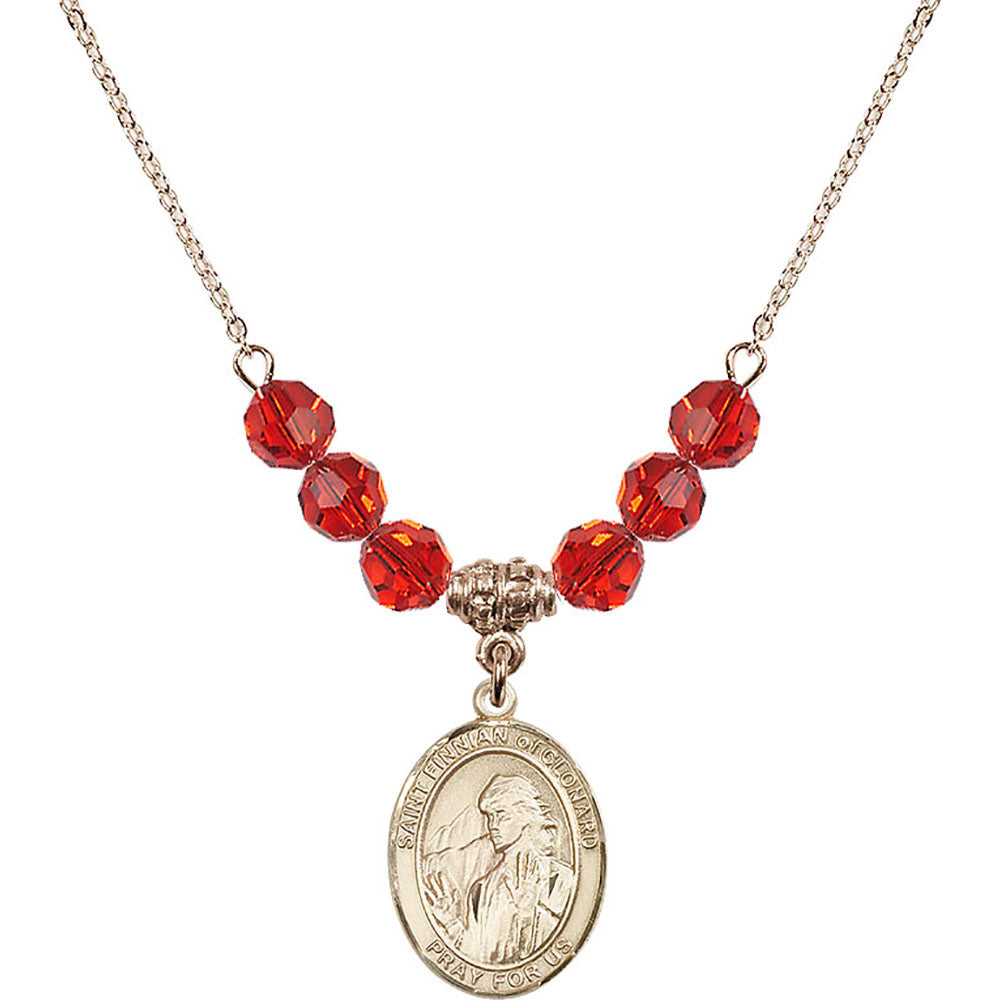 14kt Gold Filled Saint Finnian of Clonard Birthstone Necklace with Ruby Beads - 8308