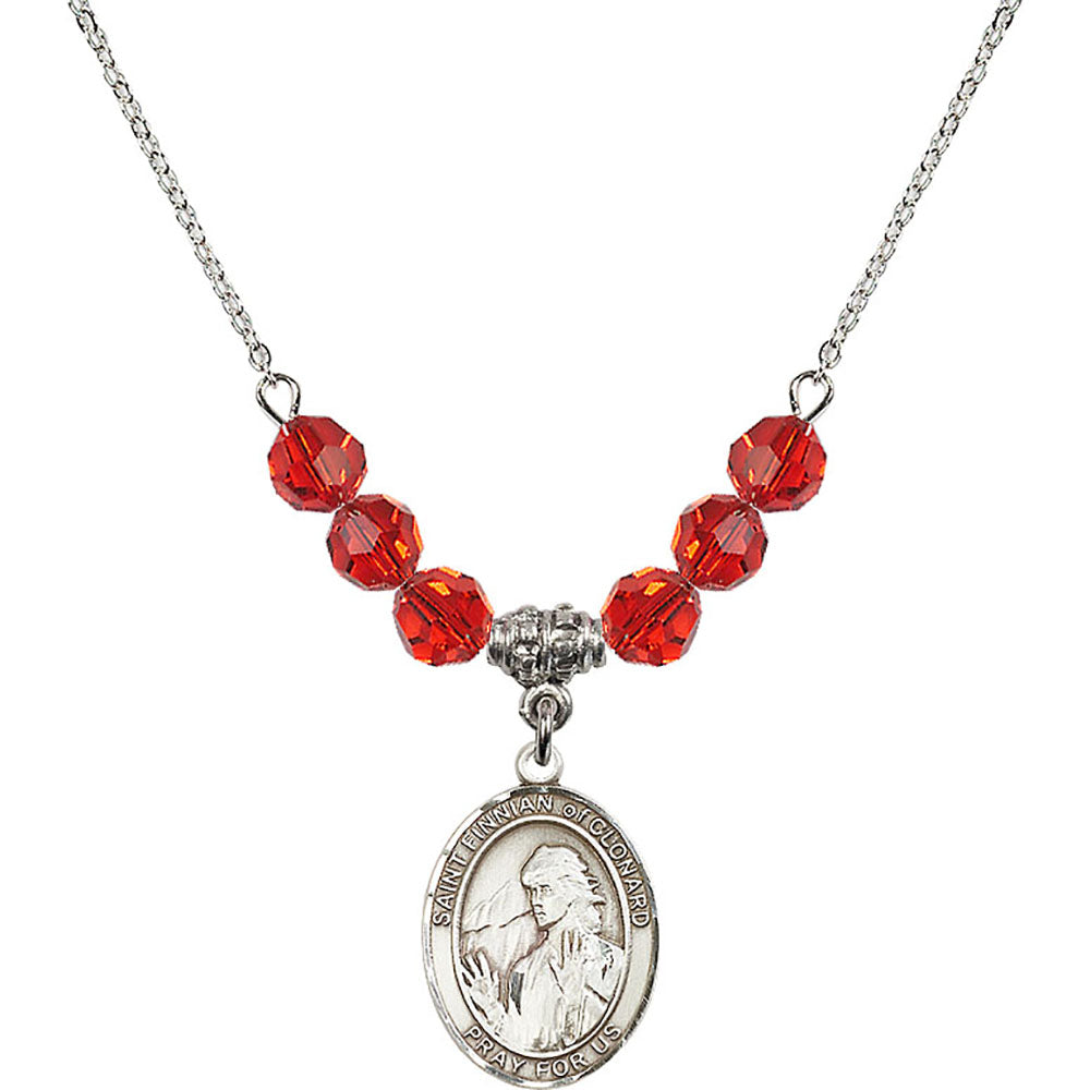 Sterling Silver Saint Finnian of Clonard Birthstone Necklace with Ruby Beads - 8308