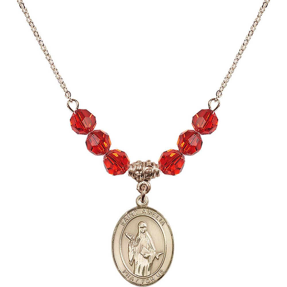 14kt Gold Filled Saint Amelia Birthstone Necklace with Ruby Beads - 8313
