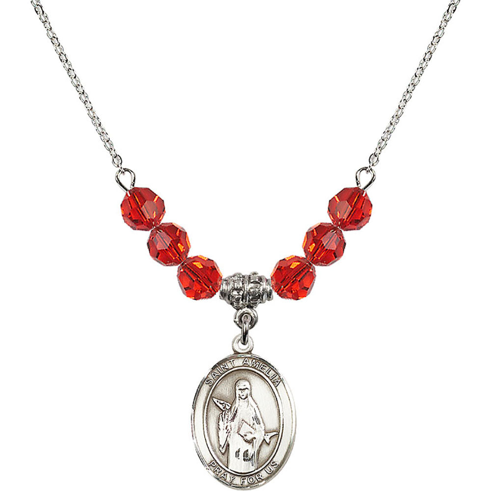 Sterling Silver Saint Amelia Birthstone Necklace with Ruby Beads - 8313