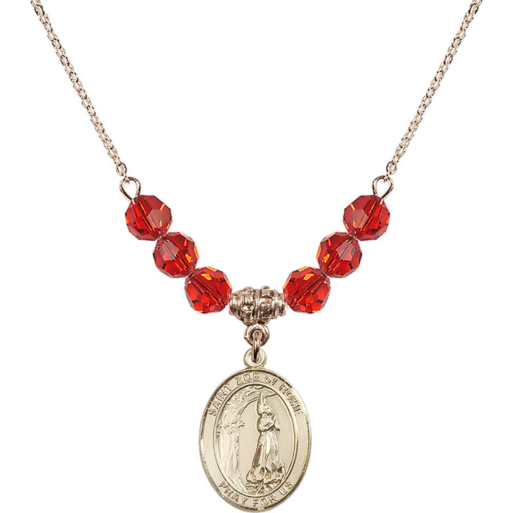14kt Gold Filled Saint Zoe of Rome Birthstone Necklace with Ruby Beads - 8314