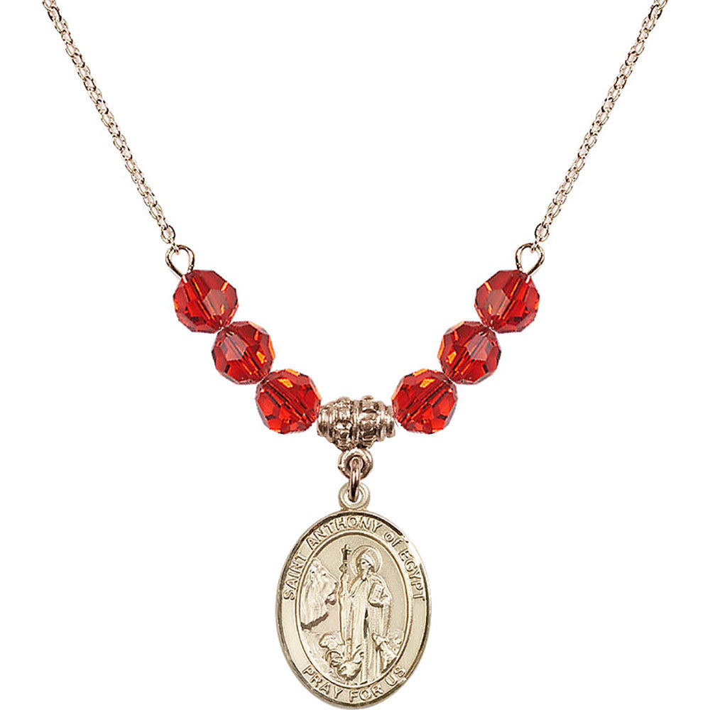 14kt Gold Filled Saint Anthony of Egypt Birthstone Necklace with Ruby Beads - 8317