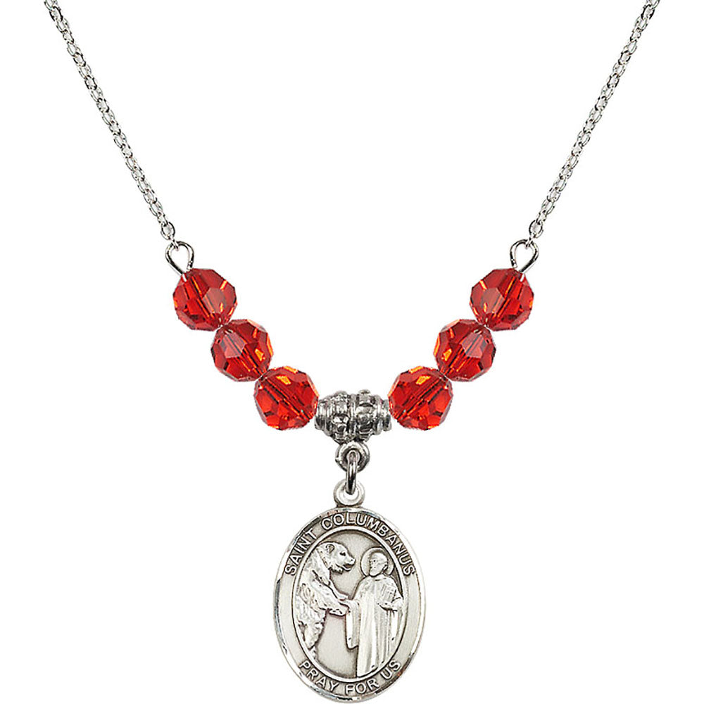 Sterling Silver Saint Columbanus Birthstone Necklace with Ruby Beads - 8321