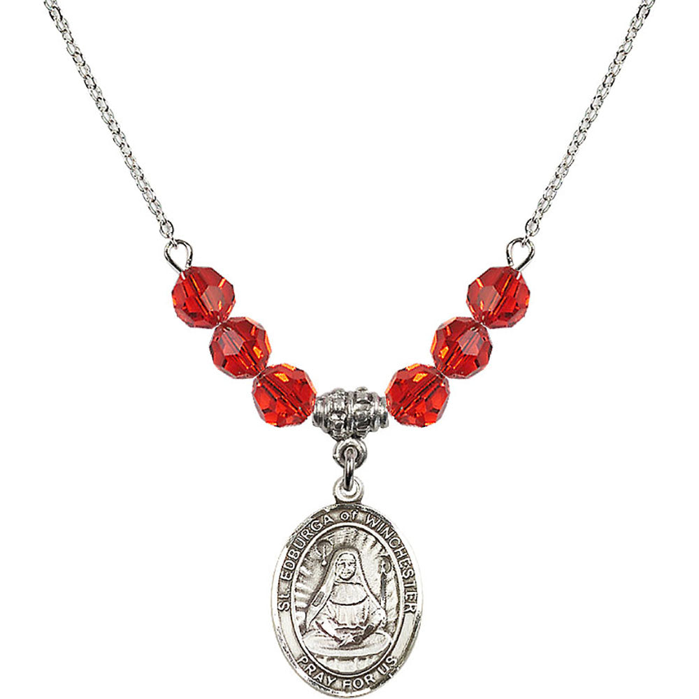 Sterling Silver Saint Edburga of Winchester Birthstone Necklace with Ruby Beads - 8324