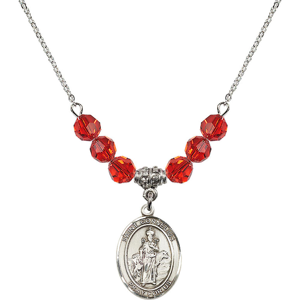 Sterling Silver Saint Cornelius Birthstone Necklace with Ruby Beads - 8325