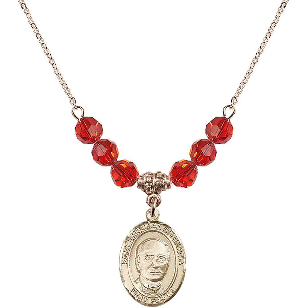14kt Gold Filled Saint Hannibal Birthstone Necklace with Ruby Beads - 8327
