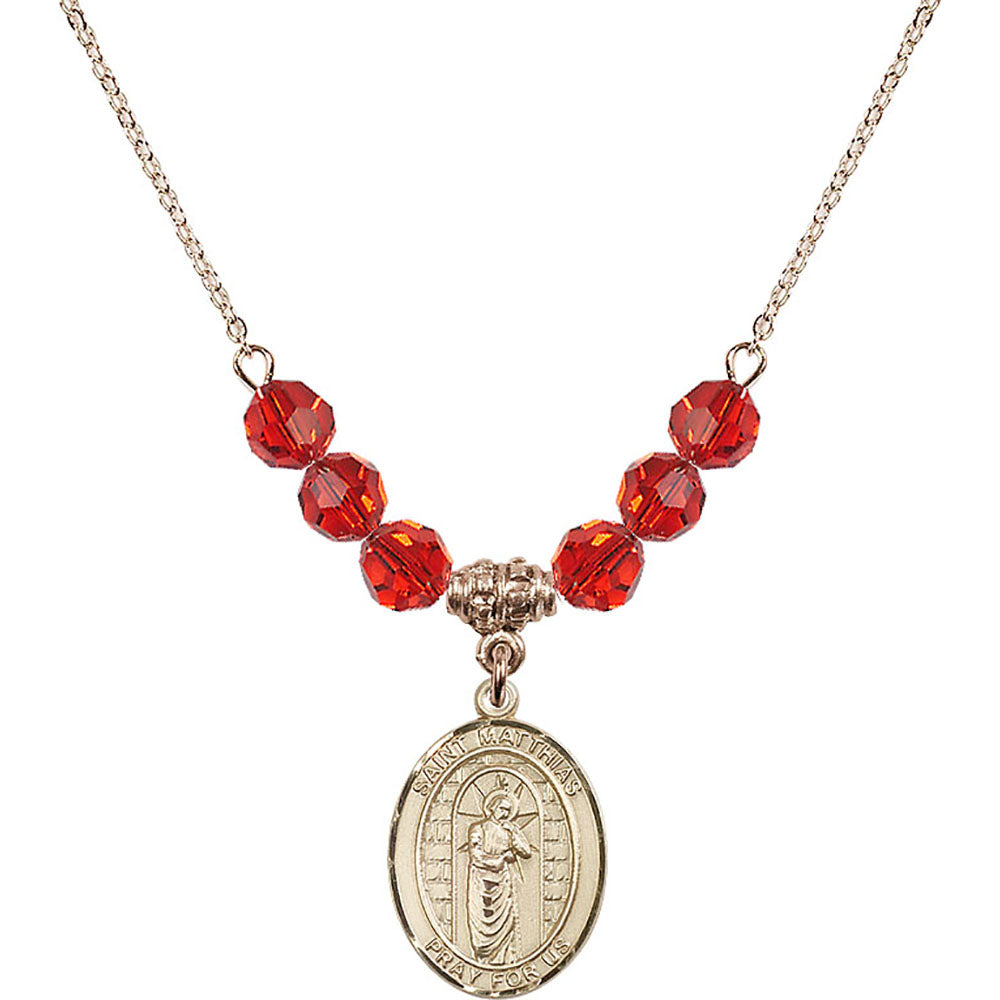 14kt Gold Filled Saint Matthias the Apostle Birthstone Necklace with Ruby Beads - 8331