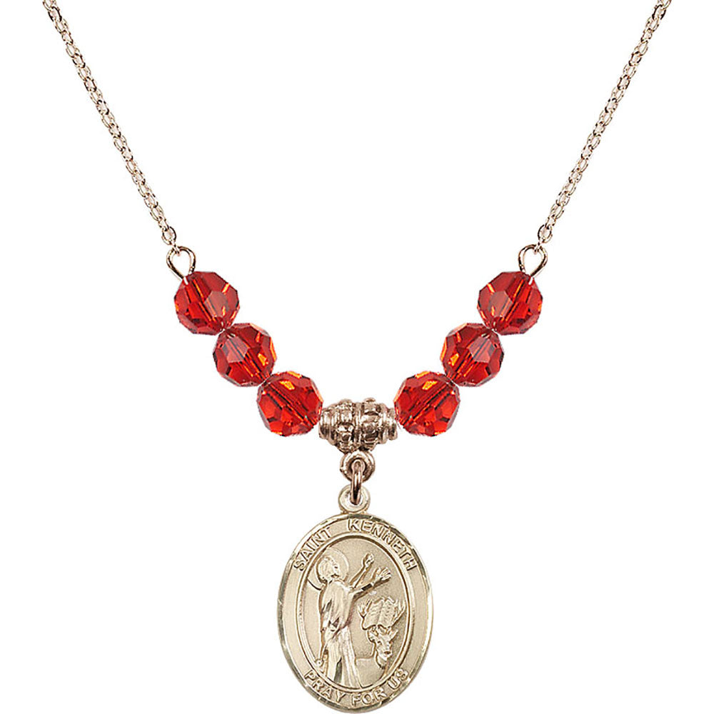 14kt Gold Filled Saint Kenneth Birthstone Necklace with Ruby Beads - 8332