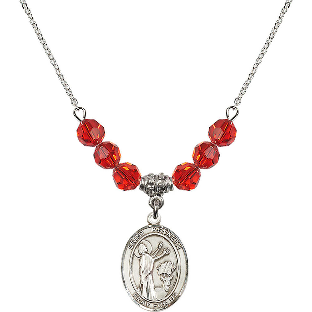 Sterling Silver Saint Kenneth Birthstone Necklace with Ruby Beads - 8332