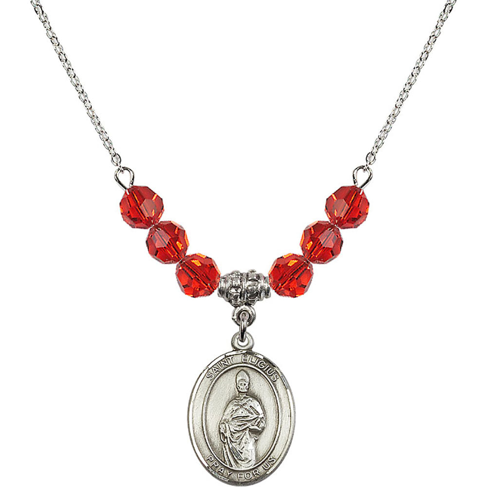 Sterling Silver Saint Eligius Birthstone Necklace with Ruby Beads - 8402