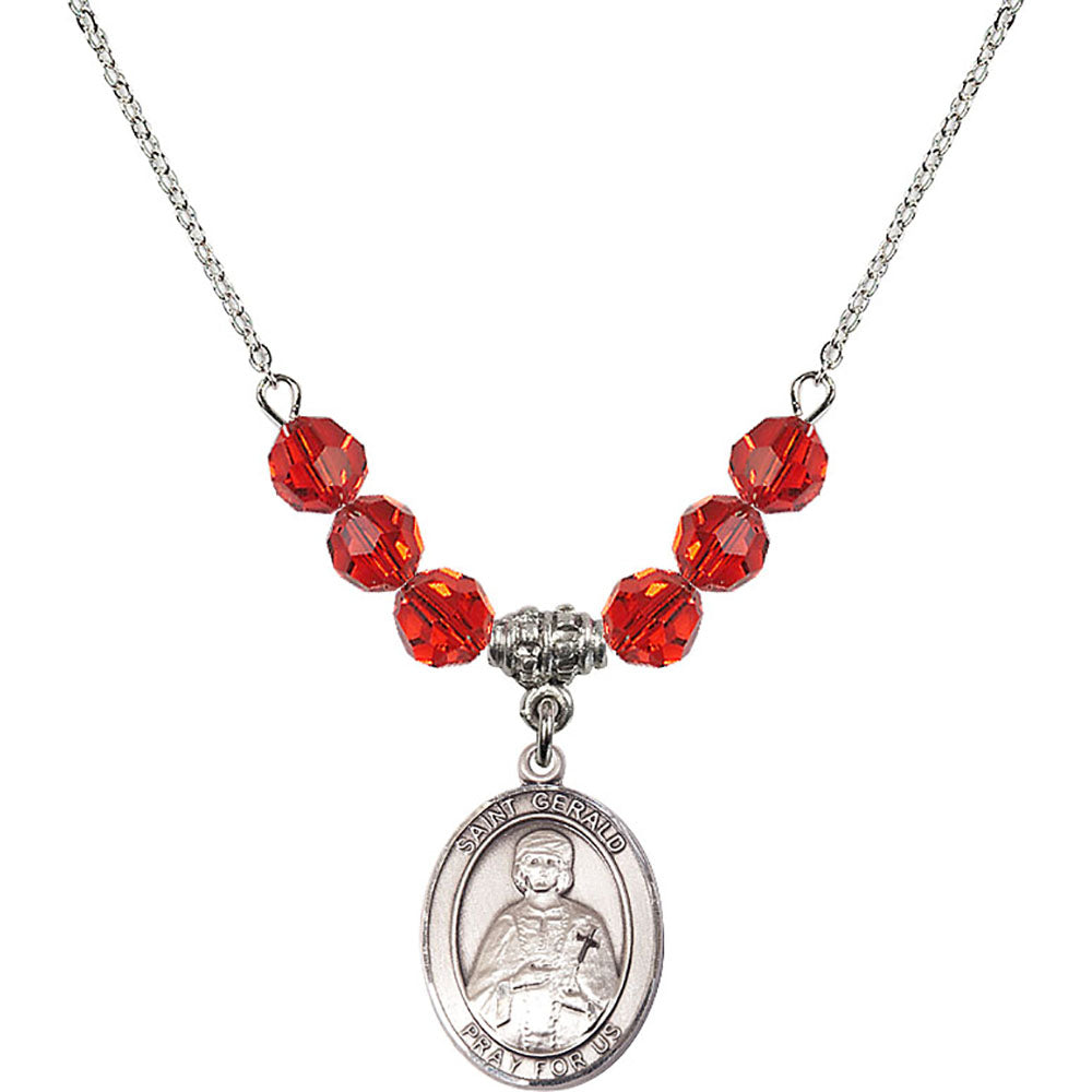 Sterling Silver Saint Gerald Birthstone Necklace with Ruby Beads - 8404