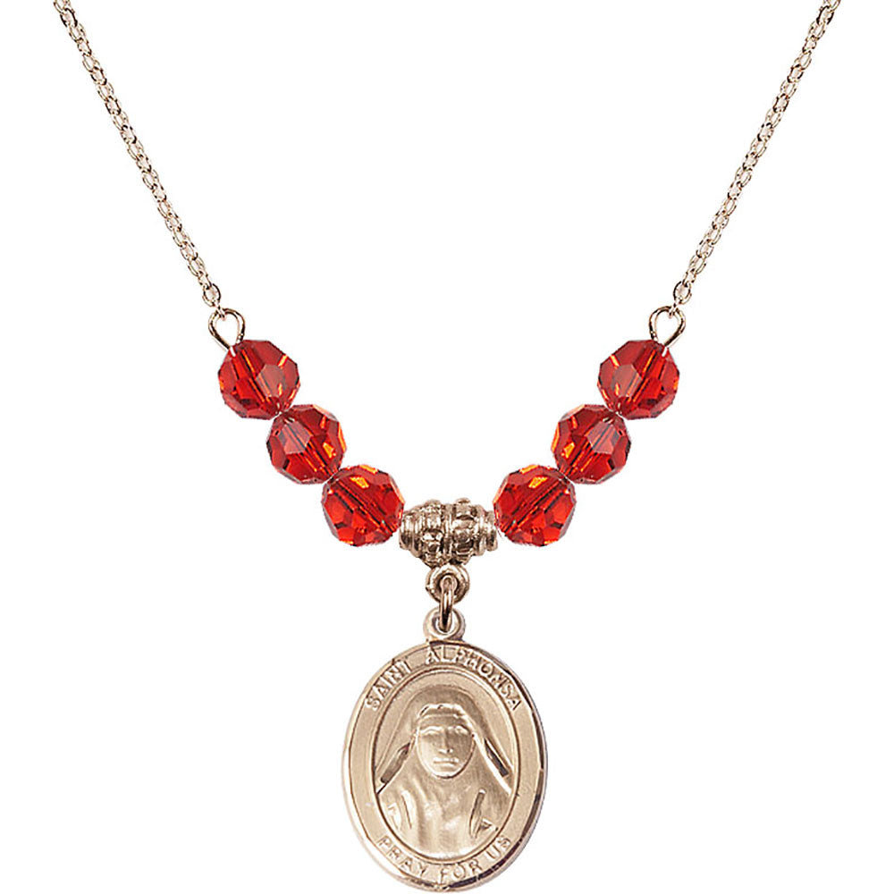 14kt Gold Filled Saint Alphonsa of India Birthstone Necklace with Ruby Beads - 8406