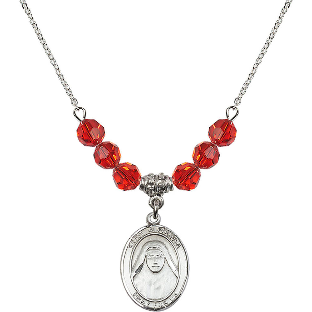 Sterling Silver Saint Alphonsa of India Birthstone Necklace with Ruby Beads - 8406
