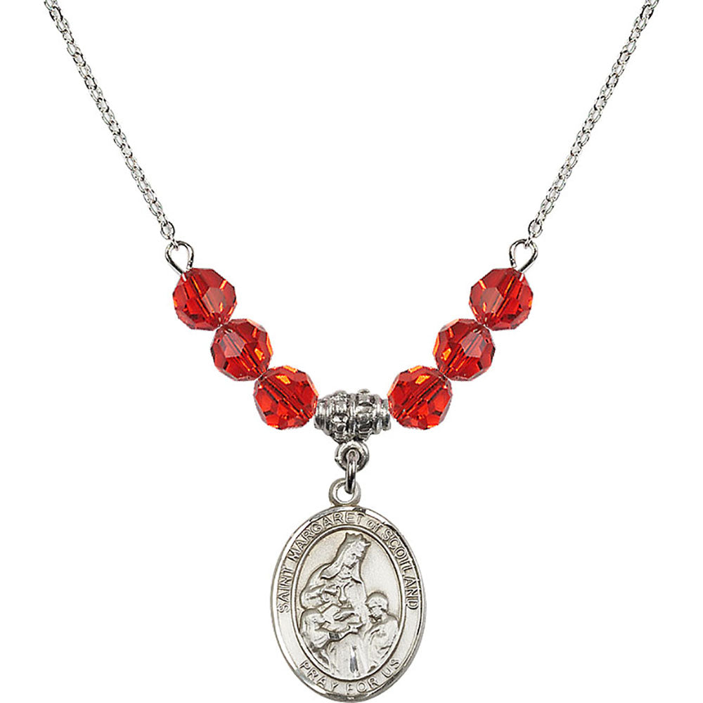 Sterling Silver Saint Margaret of Scotland Birthstone Necklace with Ruby Beads - 8407