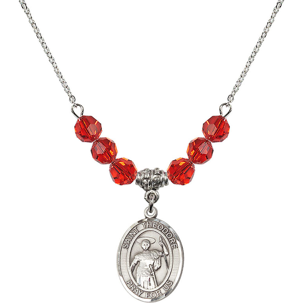 Sterling Silver Saint Theodore Stratelates Birthstone Necklace with Ruby Beads - 8415