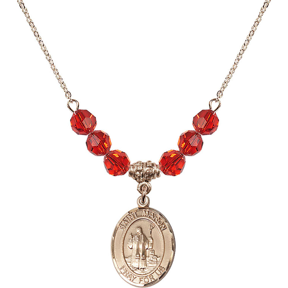 14kt Gold Filled Saint Maron Birthstone Necklace with Ruby Beads - 8417