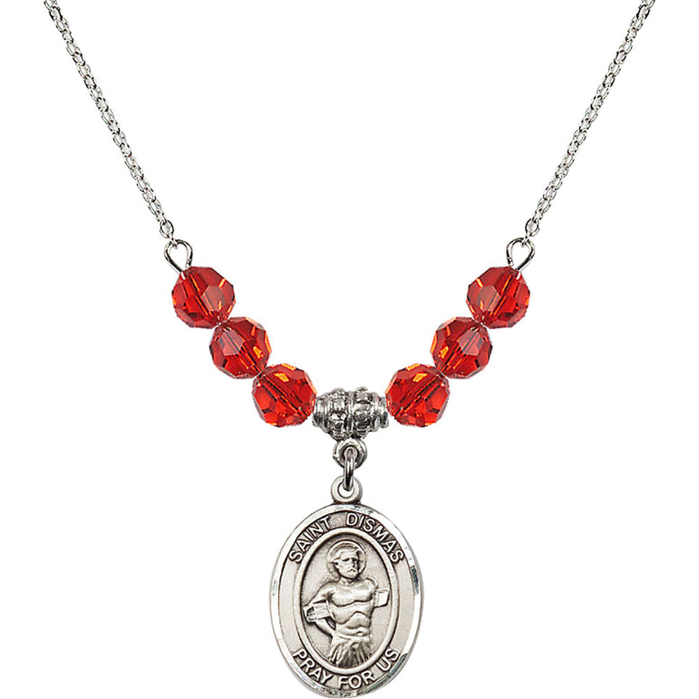 Sterling Silver Saint Dismas Birthstone Necklace with Ruby Beads - 8418