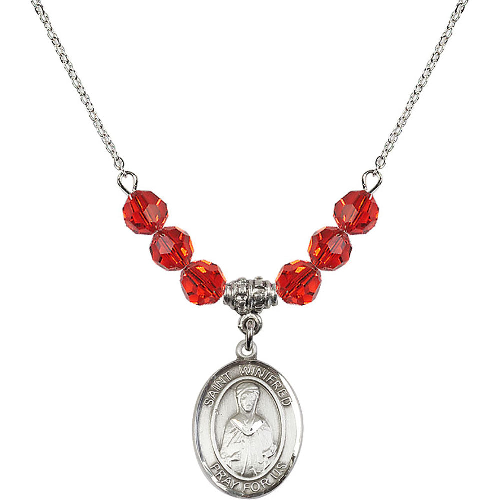 Sterling Silver Saint Winifred of Wales Birthstone Necklace with Ruby Beads - 8419