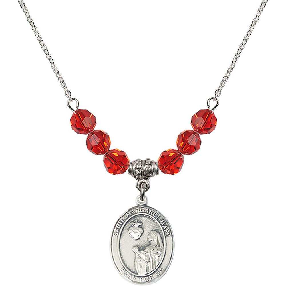 Sterling Silver Saint Margaret Mary Alacoque Birthstone Necklace with Ruby Beads - 8420