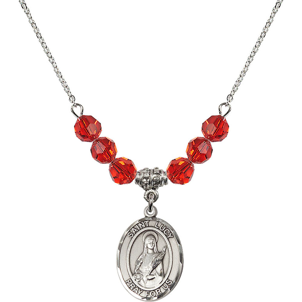 Sterling Silver Saint Lucy Birthstone Necklace with Ruby Beads - 8422