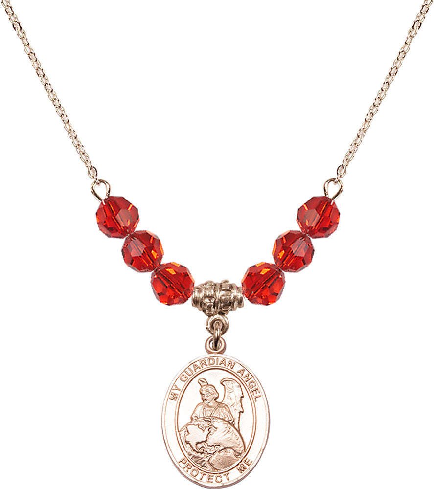 14kt Gold Filled Guardian Angel Protector Birthstone Necklace with Ruby Beads - 8440