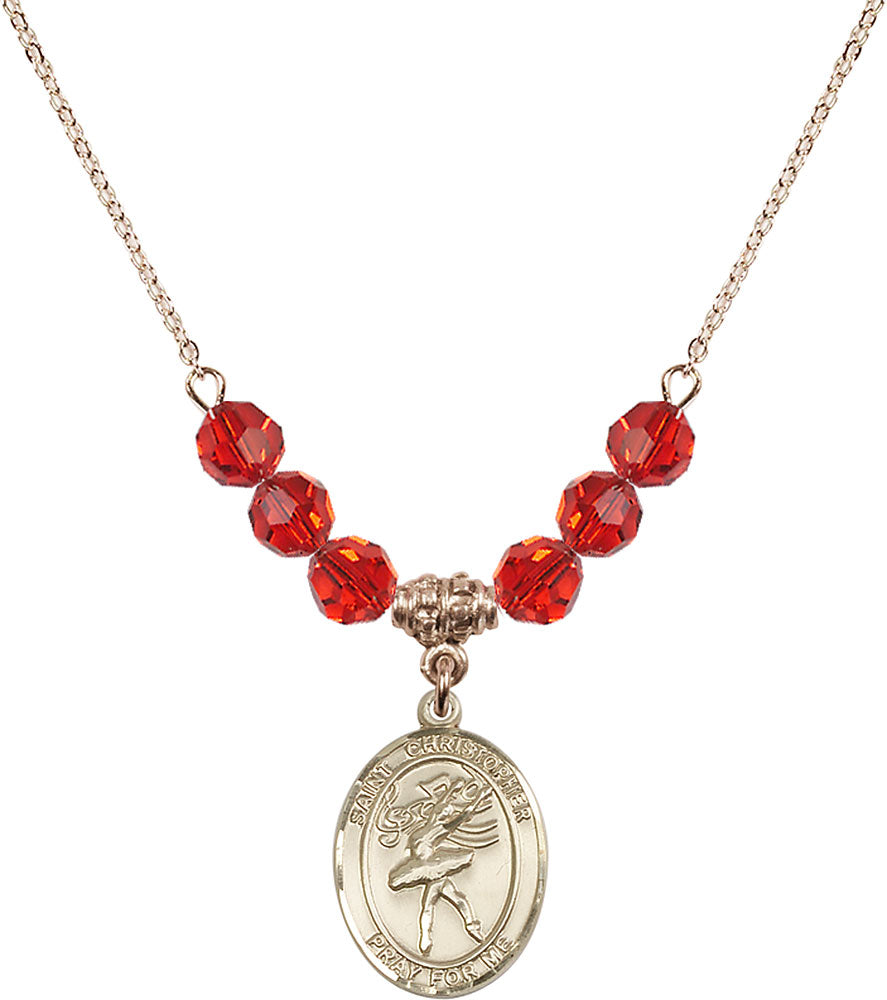 14kt Gold Filled Saint Christopher/Dance Birthstone Necklace with Ruby Beads - 8512